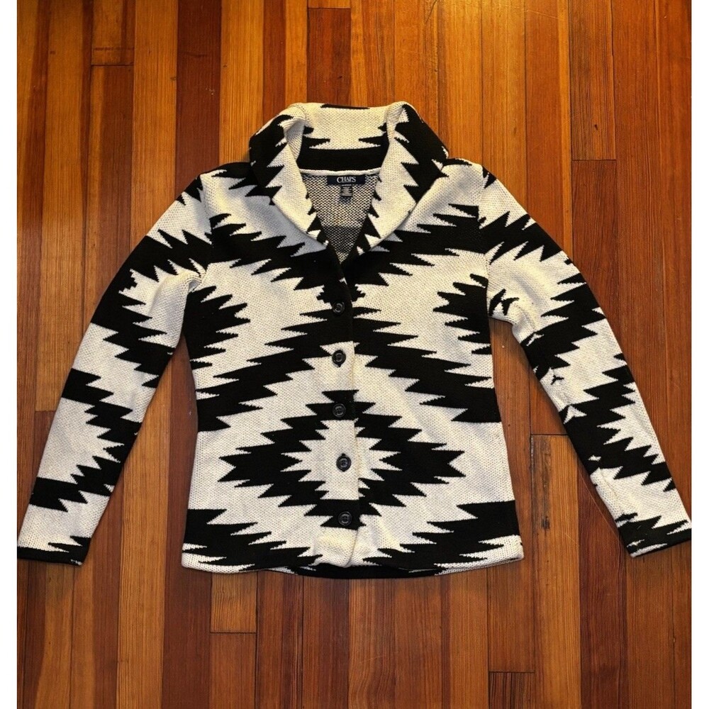 CHAPS Womens XS Southwestern Aztec Cardigan Black Cream 100% Cotton Shawl Collar